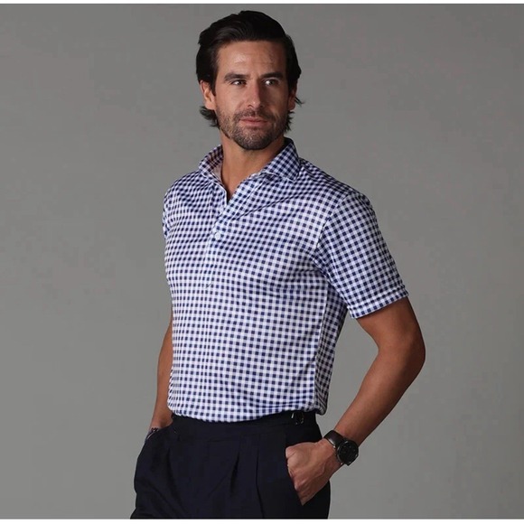 Collars & Co. Other - Collars and Co Semi-Spread Collar Polo Shirt Mens Small Navy Gingham Stretch NWT
